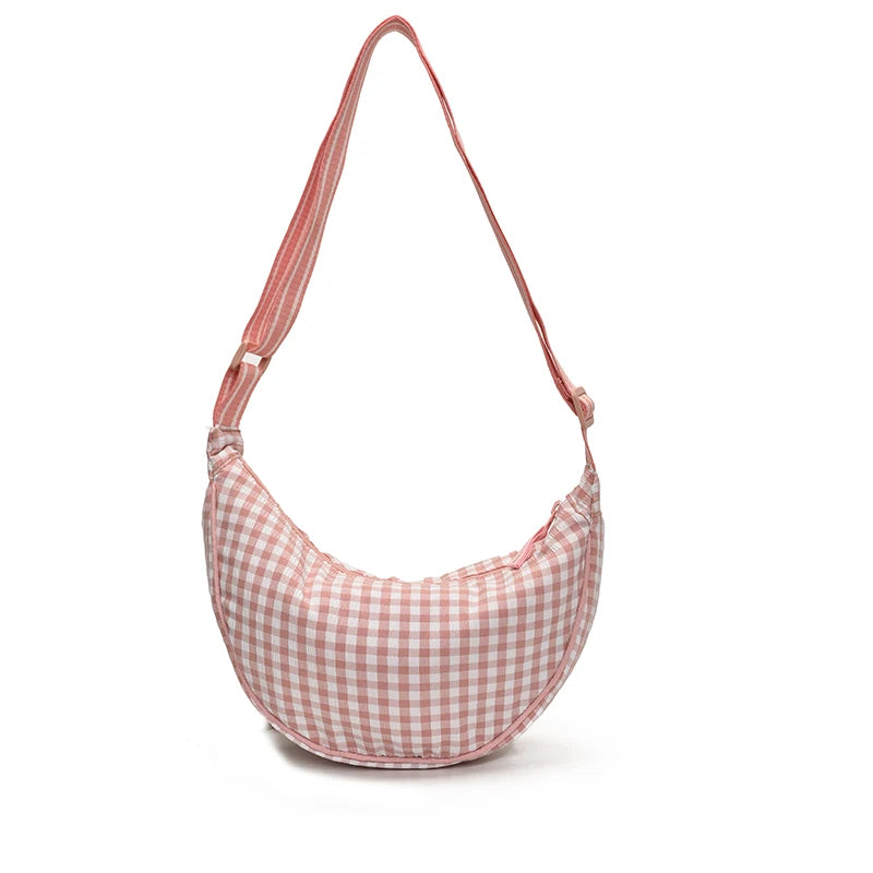 Checkered Nylon Crescent Hobos Shoulder Purse for Women Casual Crossbody Purse Lightweight Sling Bag with Adjustable Strap