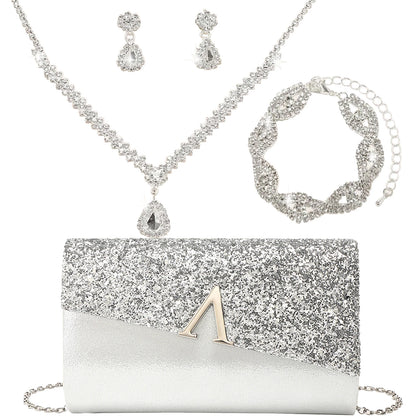 4 Pieces Women Evening Clutch Bag Rhinestone Ear Clip Bridal Wedding Choker Bracelet Dangle Bling Glitter Purse Jewelry Set