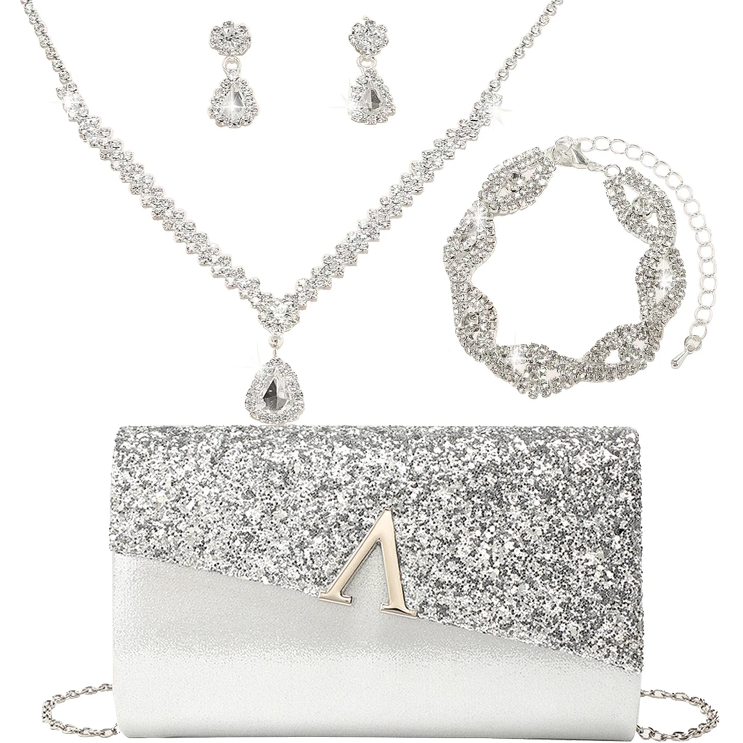 Evening Banquet Handbag Women Elegant Sparkly Flap Clutch Bag With Necklace, Earrings ,Bracelet 4Pcs Set Shoulder Wedding Purse