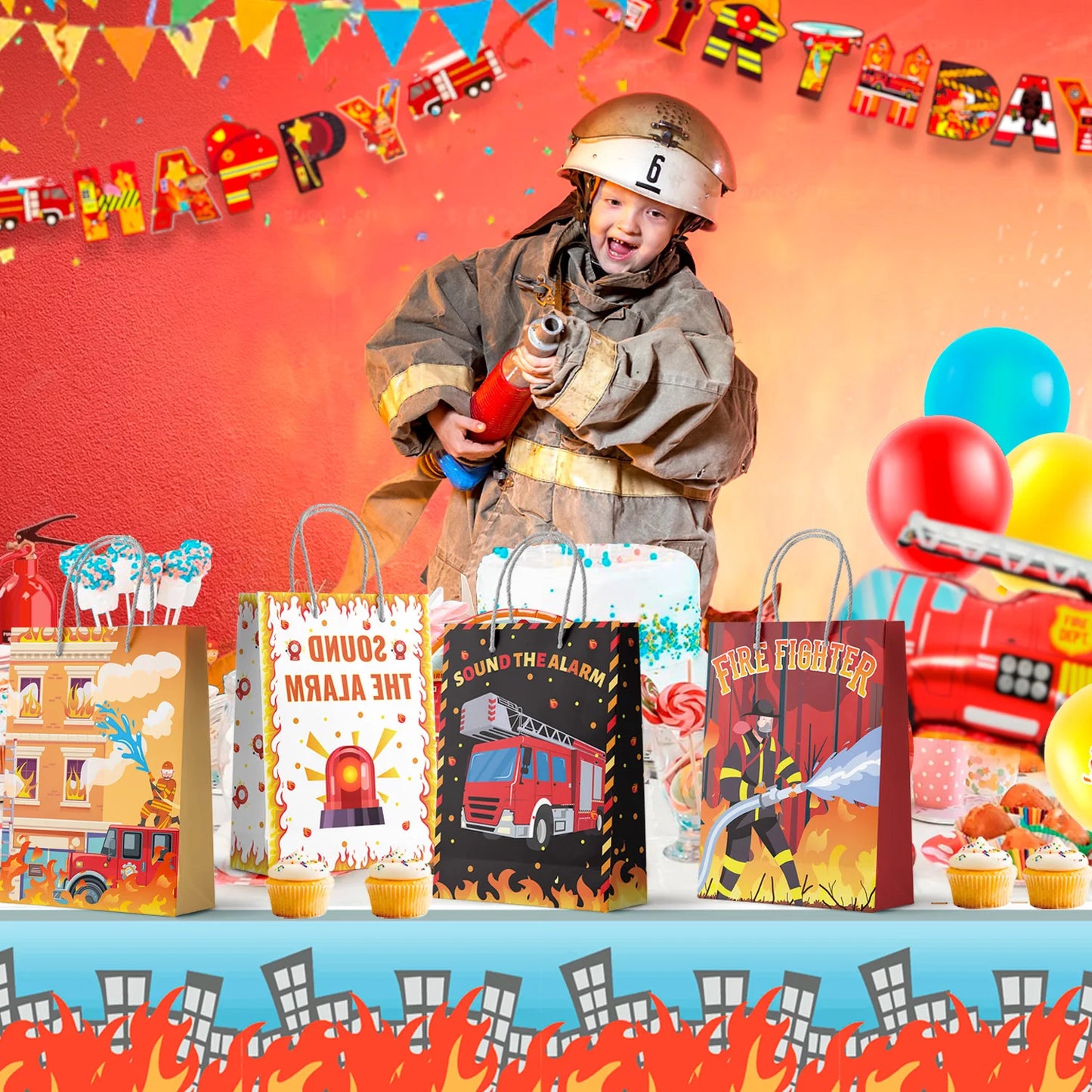 Firetruck Gift Bags,Fire Truck Party Favor Bags Set-Firetruck Birthday Gift Bags,Firefighter Party Bags&Fire Truck Goodie Bags
