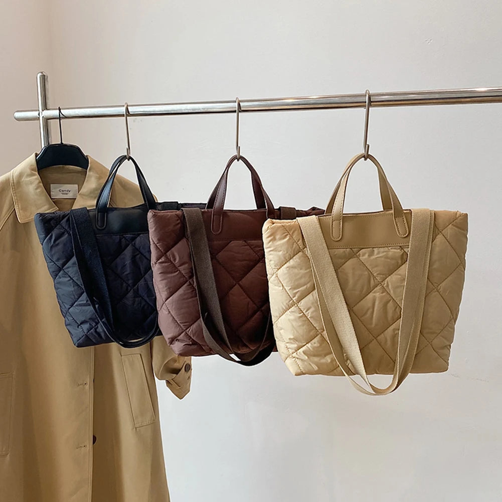 Women Nylon Shoulder Bag Quilted Large Purse with Inner Pocket Solid Color Satchel Bag for Work Travel