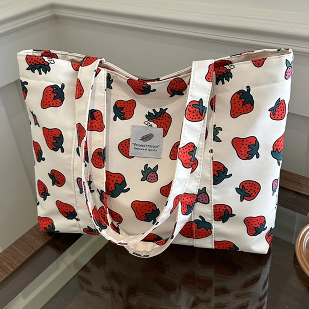 Cute Cherry Strawberry Print Casual Tote Bag Large Capacity Shoulder Purse Nylon Top Handle Bag Grocery Bag for Women