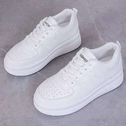 2025 New Women's Fashion Thick-Soled White Sneakers, Casual Lace-Up Outdoor Versatile Height-Increasing Board Shoes, Comfortable
