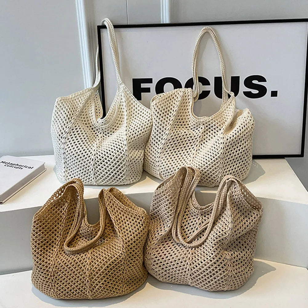 Retro Hand Knitted Shoulder Bag Fashion Women's Hollow Woven Handbag Large Capacity Solid Crochet Tote Bag Summer Mesh Beach Bag