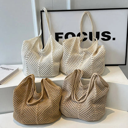 Retro Hand Knitted Shoulder Bag Fashion Women's Hollow Woven Handbag Large Capacity Solid Crochet Tote Bag Summer Mesh Beach Bag