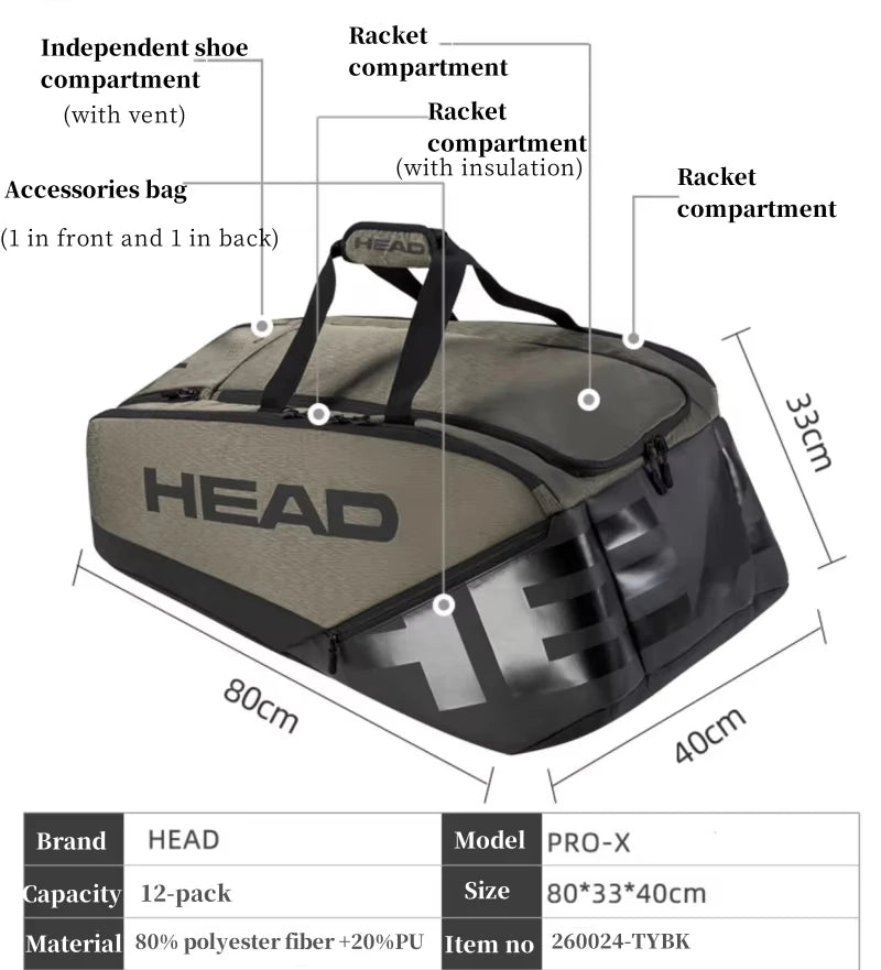 HEAD Tennis Racket Bag 9-12 Pack PROX Series Large Capacity Sports Backpack Can accommodate 9-12 Tennis Rackets Court Bag