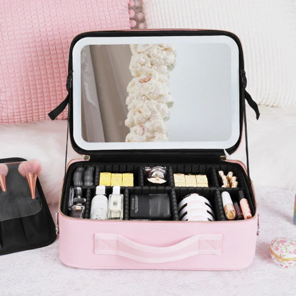 Women Smart LED Cosmetic Case with Mirror Cosmetic Bag Large Capacity Fashion Portable Storage Bag Travel Makeup Bags for ladies