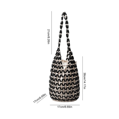 Women Beaded Bag Hollow-out Wooden Bead Tote Bucket Fashion Shoulder Bag Female Beach Handbag Storage Bag for Travels Shopping