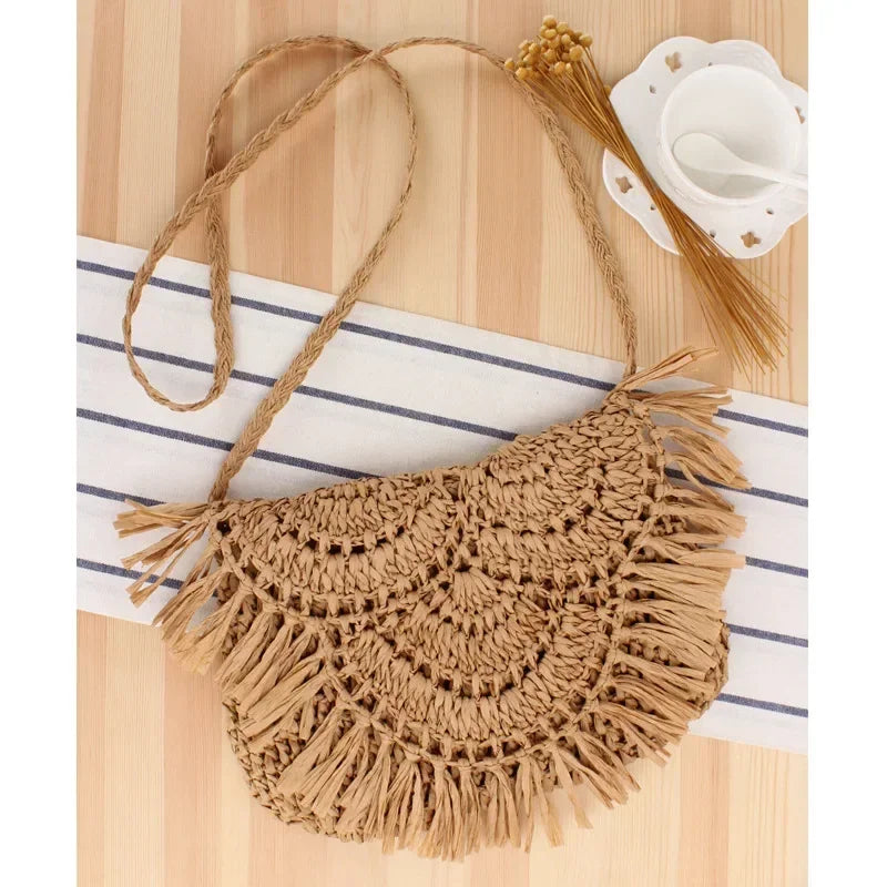Summer Straw Bags For Women Handmade Tassel Beach Bags 2024 Raffia Rattan Woven Handbags Vacation Shoulder Crossbody Bags Clutch