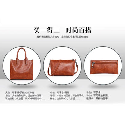 Women's Stylish Oil Wax Leather Handbag – European & American Fashion Tote with Crossbody Inner Bag