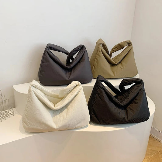 Women Nylon Puffer Tote Bag with Inner Pocket Shoulder Bag Solid Color Large Puffy Purse Hobo Bag for Work Travel