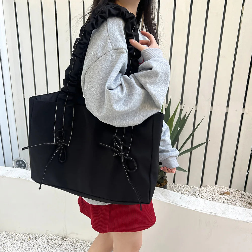 Women Nylon Tote Bag Fashion Shoulder Bag Solid Color with Bow Stylish Crossbody Bag Pleated Shoulder Strap Daily Sling Bag