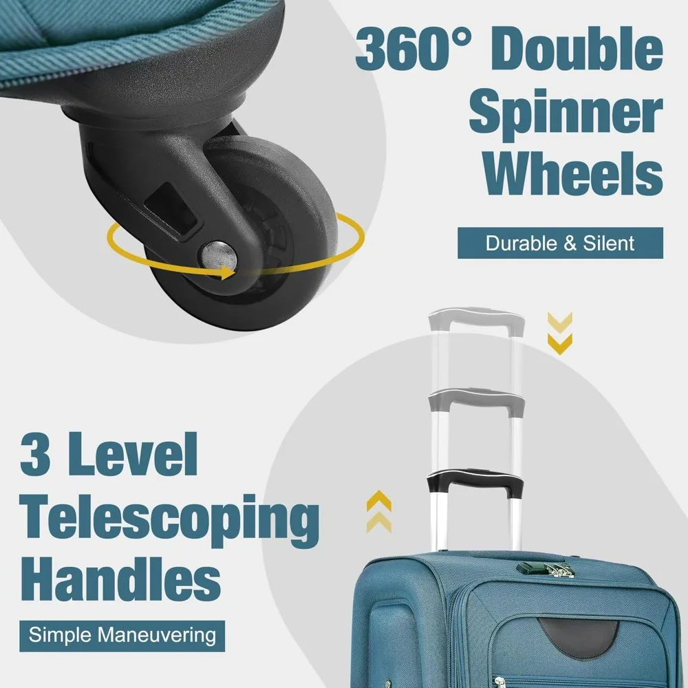 Merax Softside Luggage Set 3 Piece Suitcase with Duffel Bag Spinner Wheels Lightweight Expandable Travel Luggage 22" 26" 30",Blu