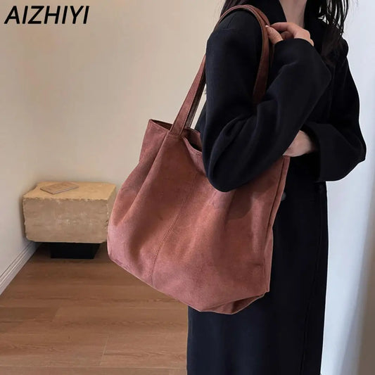 Suede Tote Bag for Women Autumn Winter Vintage Shoulder Bags Retro Handbags Purse Casual Bucket Basket Bag Commuter Shopper Bag