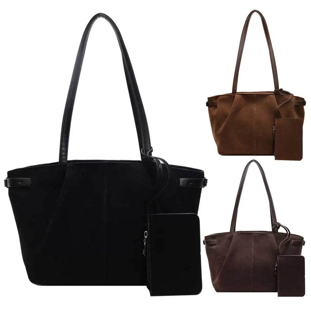 Women Suede Shoulder Bag with Inner Pocket Tote Bag Solid Color Handbag Satchel Bag for Work Travel