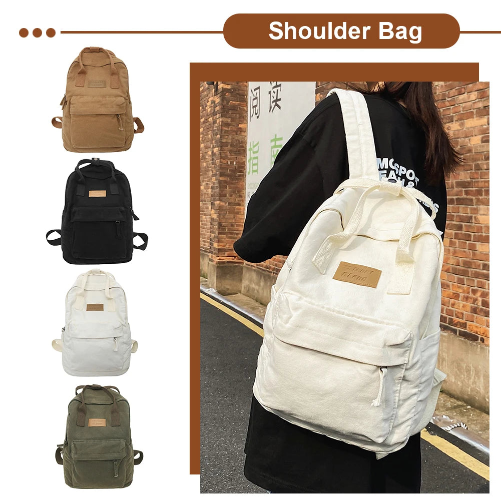 Casual College Students Backpack Cotton Canvas Traveling Commuting Backpacks Large Capacity Solid Color Fashion Knapsack