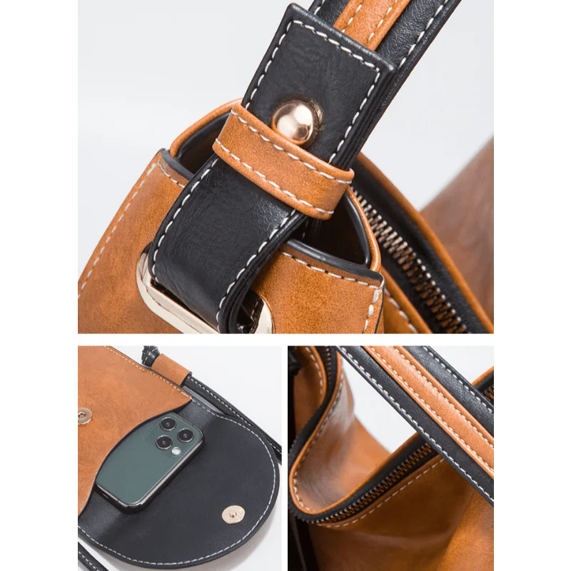 4PcsPU Leather Set, Zip Closure, Adjustable Shoulder Strap, Stylish Color-Block Tote Bag, Small Card Holder, Ideal for Daily Use