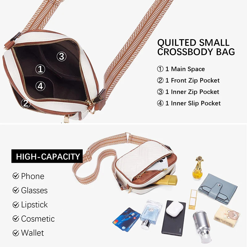 Trendy Quilted Crossbody Bags for Women Luxury Designer Vegan Leather Purses Shoulder Handbags with Wide Strap