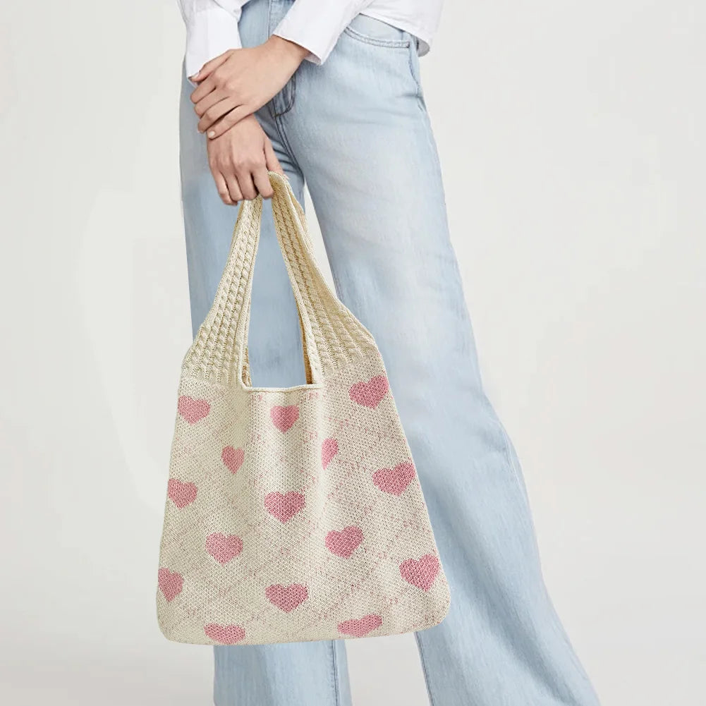Summer Beach Bag for Women Heart Pattern Handbag Large Capacity Shoulder Bag Tote Bag for Vacation Travel