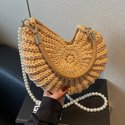 Handwoven Seashell Women Beach Shoulder Bag Solid Color Pearls Chain Crossbody Bag Multifunctional Novelty Small Handbags