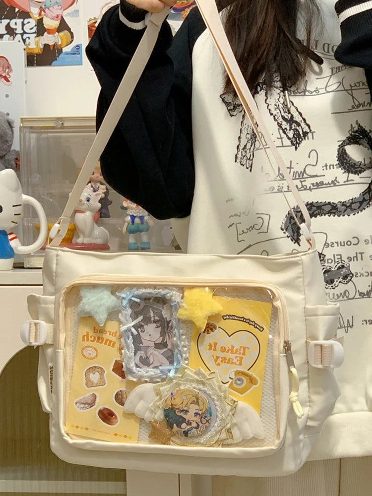 Women Ita Bag Cartoon Book Bag with Clear Window Teenagers School Bag Adjustable Strap Stylish Crossbody Bag Trendy Outdoor Bag