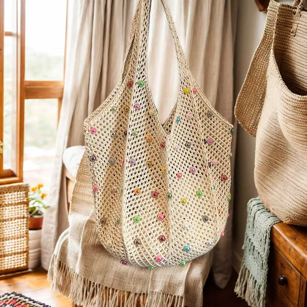 Women Boho Crochet Bag with Colored Beads Aesthetic Knit Bag Large Capacity Knitted Tote Handbag Ladies Daily Handbag