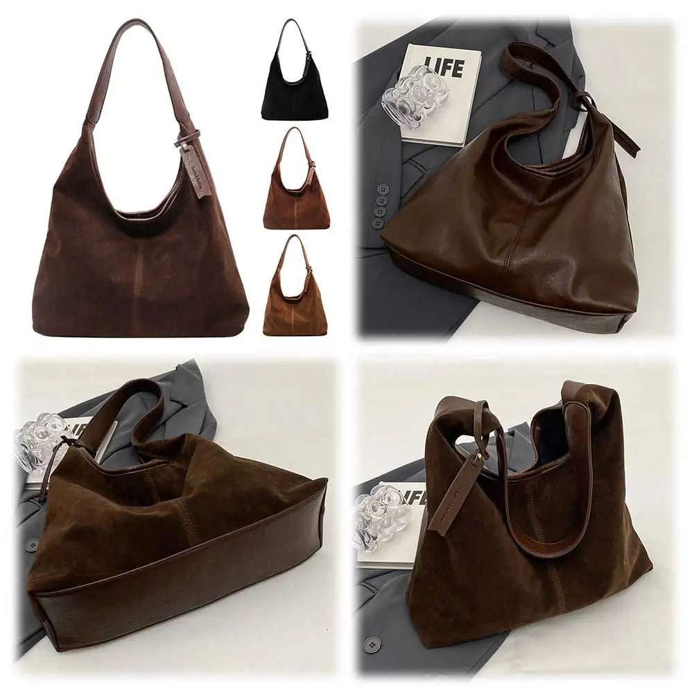 Women Suede Hobo Bag Slouchy Tote Bag Large Capacity Purse Magnetic Closure Retro Handbag for Work Travel