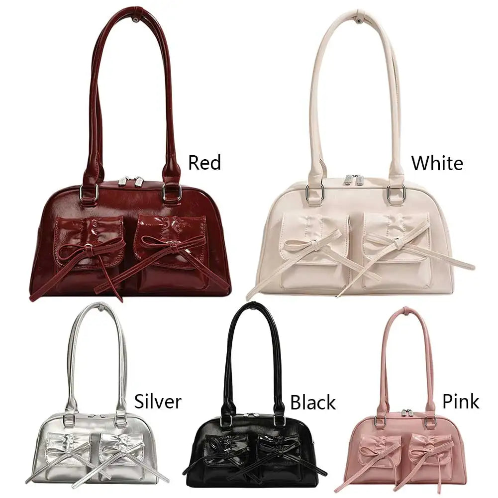 Women Trendy Handbags Double Pockets PU Leather Stylish Underarm Bag with Bow Casual Armpit Bag Solid Color for Travel Vacation