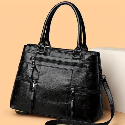 Perfect Lily Women's Vintage Synthetic Leather Tote Bag - Large Capacity Multi-Compartment Handbag with Adjustable & Detachable Strap, Golden-Tone Hardware & Zipper Closure, Classic Square Shape in Coffee Brown/Black/Natural