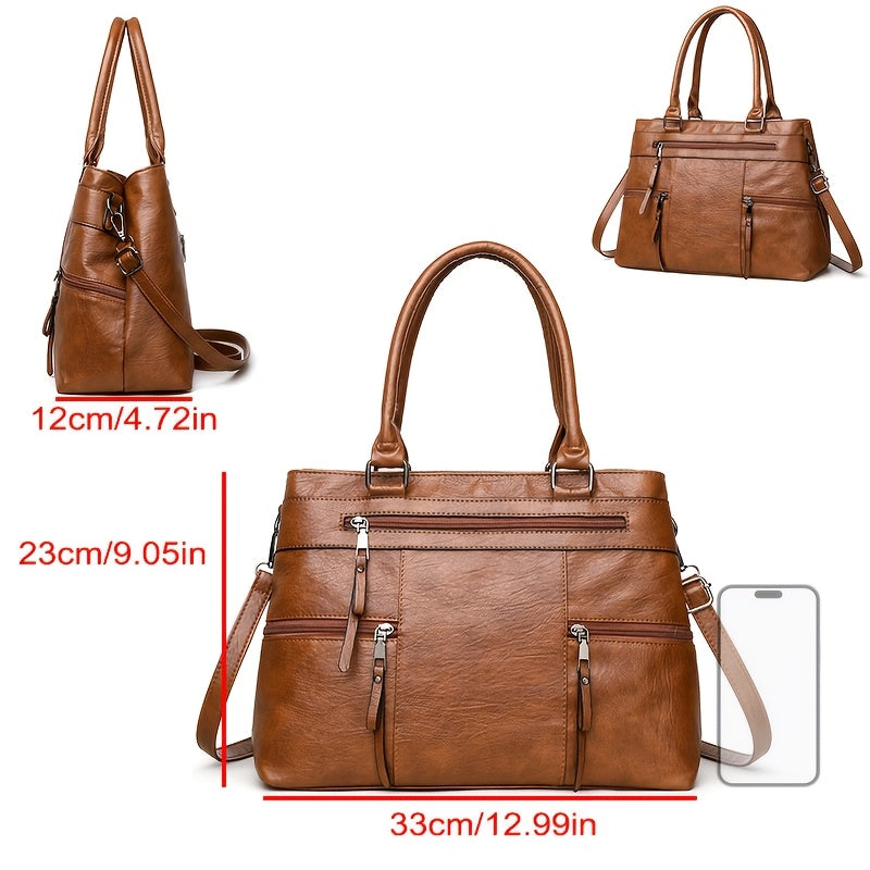 Perfect Lily Women's Vintage Synthetic Leather Tote Bag - Large Capacity Multi-Compartment Handbag with Adjustable & Detachable Strap, Golden-Tone Hardware & Zipper Closure, Classic Square Shape in Coffee Brown/Black/Natural