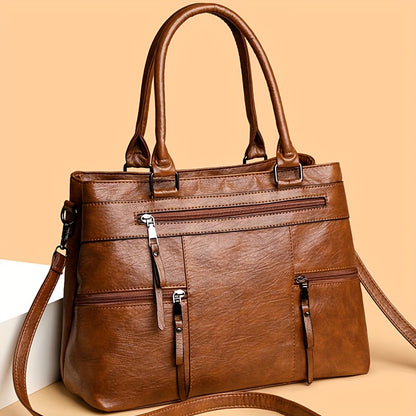 Perfect Lily Women's Vintage Synthetic Leather Tote Bag - Large Capacity Multi-Compartment Handbag with Adjustable & Detachable Strap, Golden-Tone Hardware & Zipper Closure, Classic Square Shape in Coffee Brown/Black/Natural