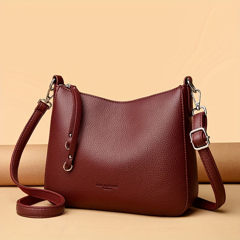 Women's Soft Synthetic Leather Tote Bag with Adjustable & Detachable Strap, Zipper Closure - Minimalist Elegant Design for Commuting, Shopping, Work - Available in Black, Khaki, Gray, Red, Shopping Handbag, Sleek Modern Handb