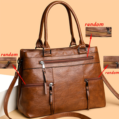 Perfect Lily Women's Vintage Synthetic Leather Tote Bag - Large Capacity Multi-Compartment Handbag with Adjustable & Detachable Strap, Golden-Tone Hardware & Zipper Closure, Classic Square Shape in Coffee Brown/Black/Natural