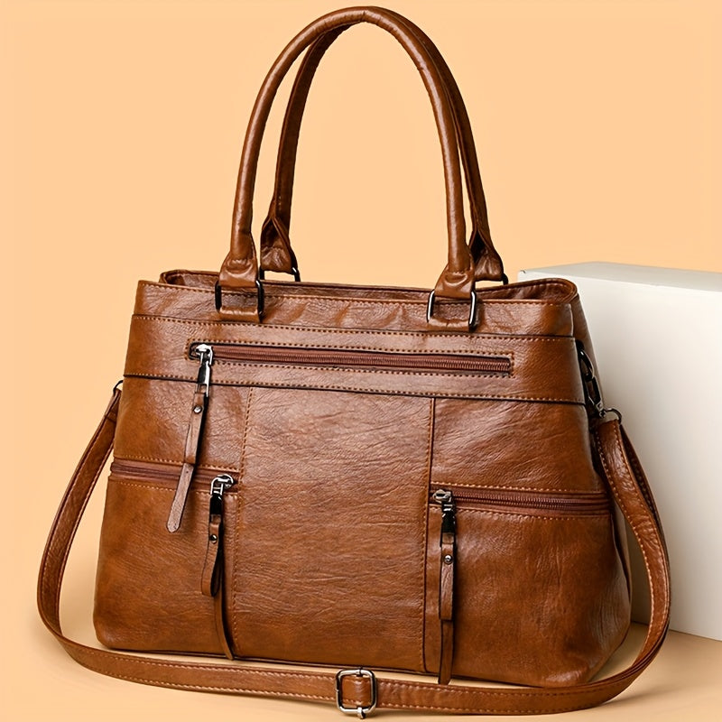 Perfect Lily Women's Vintage Synthetic Leather Tote Bag - Large Capacity Multi-Compartment Handbag with Adjustable & Detachable Strap, Golden-Tone Hardware & Zipper Closure, Classic Square Shape in Coffee Brown/Black/Natural